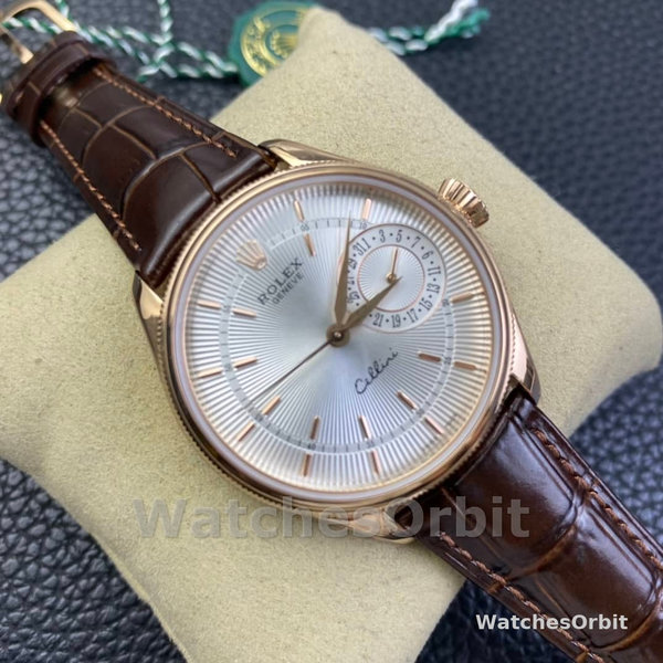 Replica Rolex Cellini Date 39mm Heren-50515-Rose Goud-Zilver-Krokodillenleren Band Wit