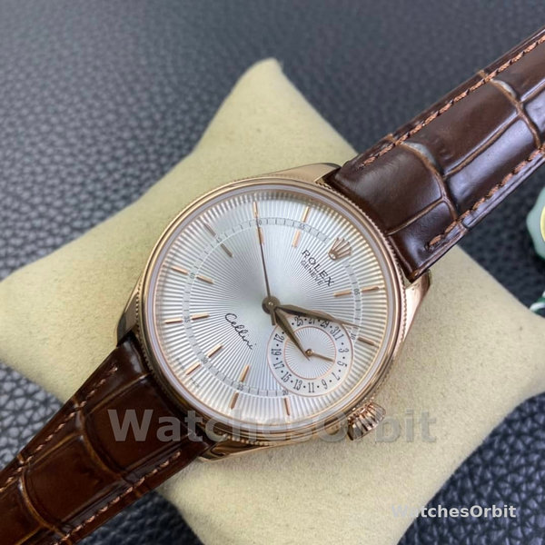 Replica Rolex Cellini Date 39mm Heren-50515-Rose Goud-Zilver-Krokodillenleren Band Wit