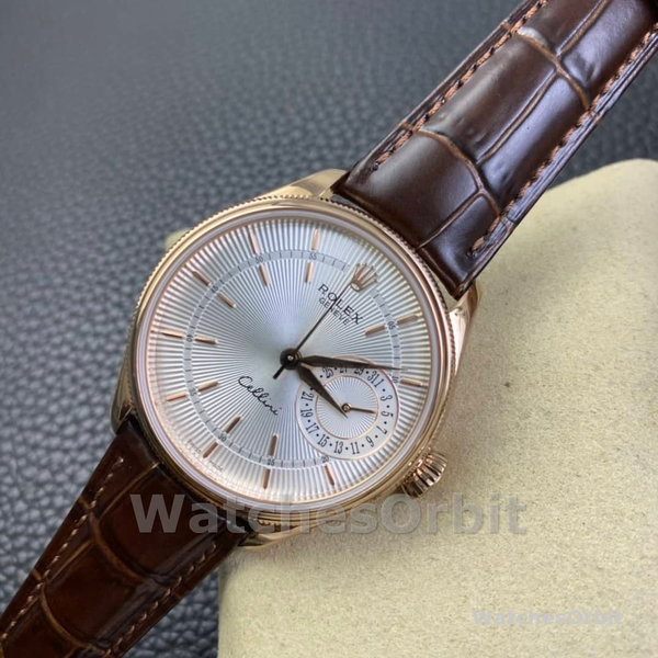 Replica Rolex Cellini Date 39mm Heren-50515-Rose Goud-Zilver-Krokodillenleren Band Wit