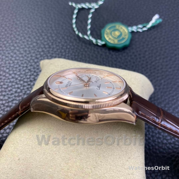 Replica Rolex Cellini Date 39mm Heren-50515-Rose Goud-Zilver-Krokodillenleren Band Wit
