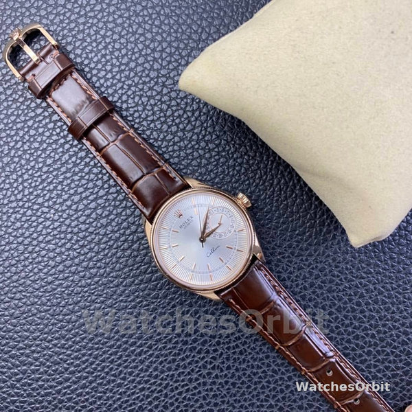Replica Rolex Cellini Date 39mm Heren-50515-Rose Goud-Zilver-Krokodillenleren Band Wit