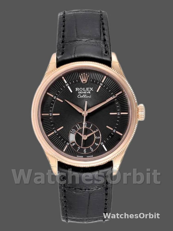 Rolex Cellini Dual Time 50525 Black Dial Black Leather Strap 39mm Mens Replica Watch