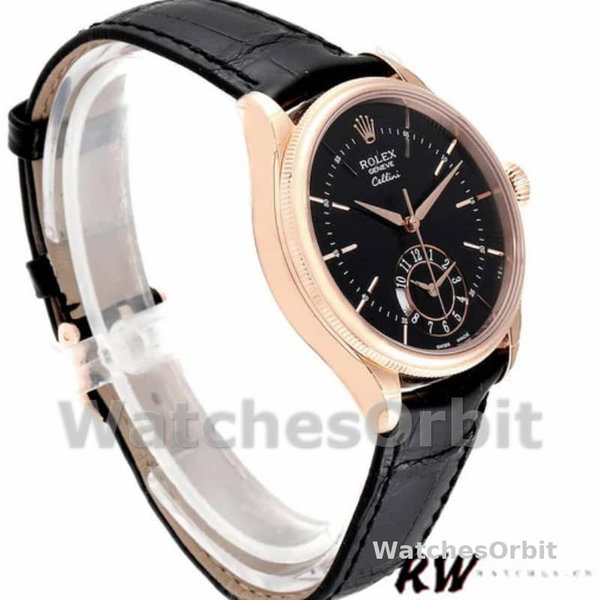 Replica Rolex Cellini Dual Time 39mm Heren-50525-Zwarte Wijzerplaat-Zwarte Leren Band Zwart