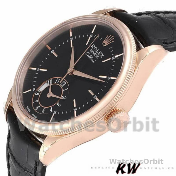 Rolex Cellini Dual Time 50525 Black Dial Black Leather Strap 39mm Mens Replica Watch