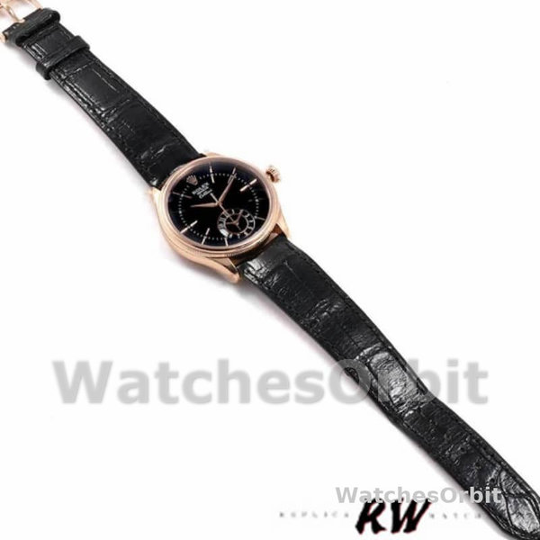 Rolex Cellini Dual Time 50525 Black Dial Black Leather Strap 39mm Mens Replica Watch