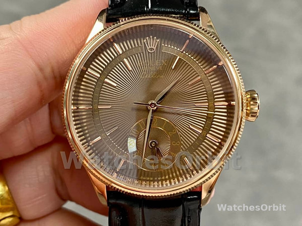 Rolex Cellini Dual Time 50525 Brown Guilloche Dial Black Leather Strap 39mm Mens Replica Watch