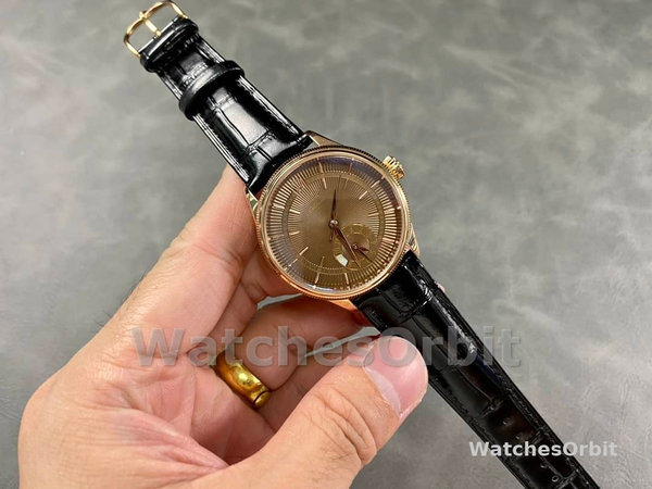 Rolex Cellini Dual Time 50525 Brown Guilloche Dial Black Leather Strap 39mm Mens Replica Watch