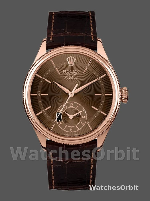 Rolex Cellini Dual Time 50525 Brown Guilloche Dial Brown Leather Strap 39mm Mens Replica Watch