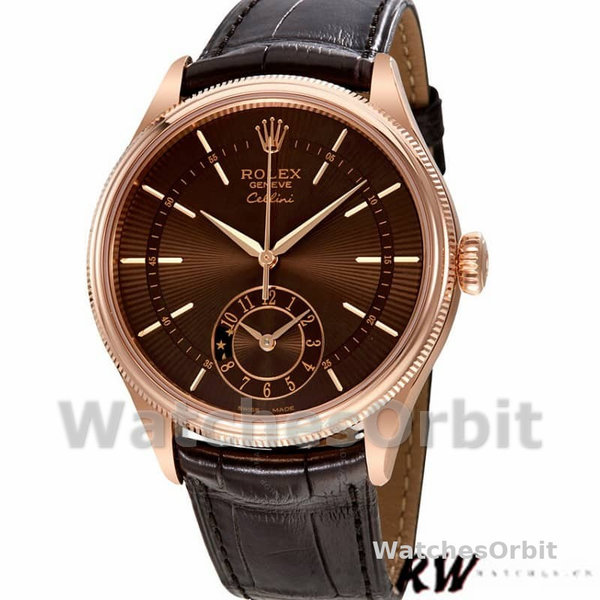 Replica Rolex Cellini Dual Time 39mm Heren-50525-Bruin Guilloche Wijzerplaat-Bruin Lederen Band Bruin