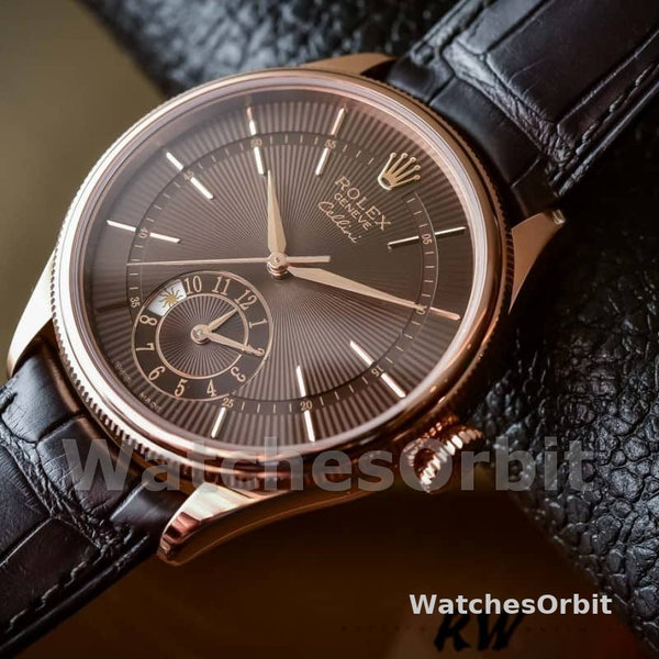 Replica Rolex Cellini Dual Time 39mm Heren-50525-Bruin Guilloche Wijzerplaat-Bruin Lederen Band Bruin