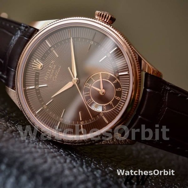 Replica Rolex Cellini Dual Time 39mm Heren-50525-Bruin Guilloche Wijzerplaat-Bruin Lederen Band Bruin
