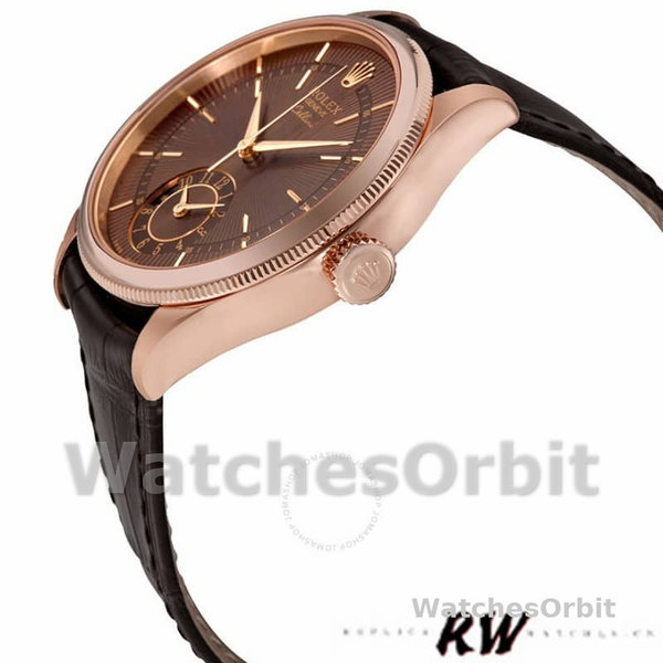 Replica Rolex Cellini Dual Time 39mm Heren-50525-Bruin Guilloche Wijzerplaat-Bruin Lederen Band Bruin