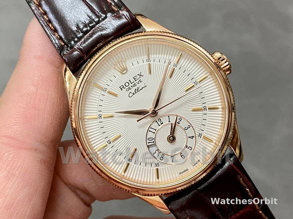 Rolex Cellini Dual Time 50525 Silver Dial Black Leather Strap 39mm Mens Replica Watch