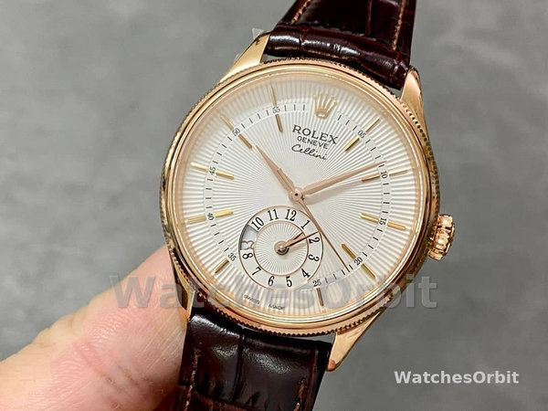 Rolex Cellini Dual Time 50525 Silver Dial Black Leather Strap 39mm Mens Replica Watch
