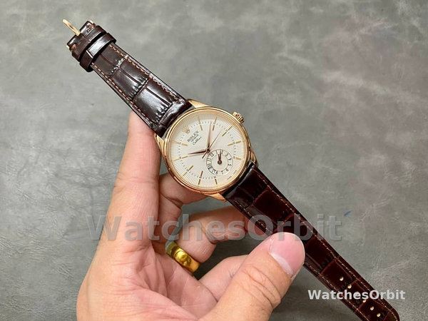 Rolex Cellini Dual Time 50525 Silver Dial Brown Leather Strap 39mm Mens Replica Watch