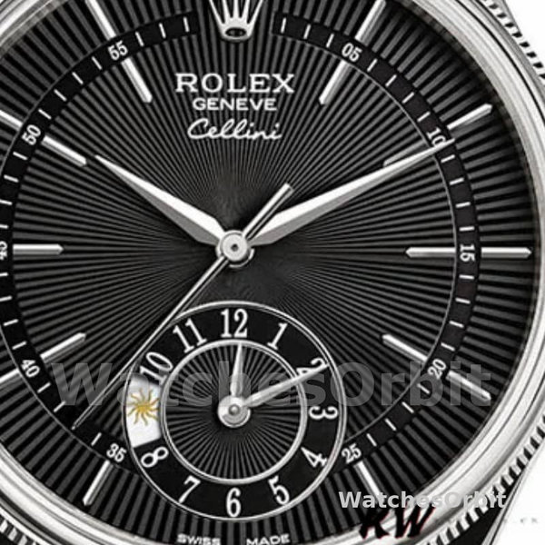 Men's Rolex Cellini Dual Time 39mm Men's-50529-Black Dial-Brown Leather Strap Black