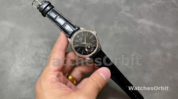 Replica Rolex Cellini Dual Time 39mm Heren-50529-Zwarte Wijzerplaat-Wit Goud Zwart