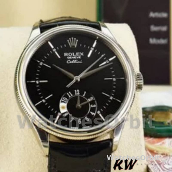 Replique Hommes Rolex Cellini Dual Time 39mm Hommes-50529-Noir Cadran Guilloché Noir