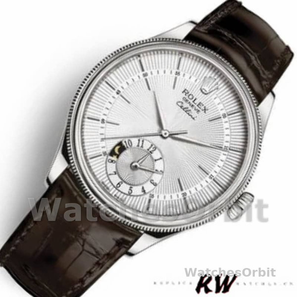 Men's Rolex Cellini Dual Time 39mm Men's-50529-Silver Dial-Brown Strap Silver<br />