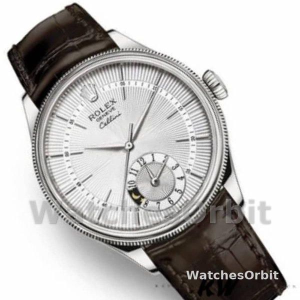 Mens Rolex Cellini Dual Time 39mm Mens-50529-Silver Dial-Brown Strap Silver<br /> Replica Image