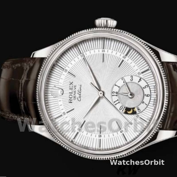 Mens Rolex Cellini Dual Time 39mm Mens-50529-Silver Dial-Brown Strap Silver<br /> Replica Image