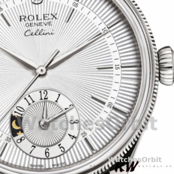 Mens Rolex Cellini Dual Time 39mm Mens-50529-Silver Dial-Brown Strap Silver<br /> Replica Image