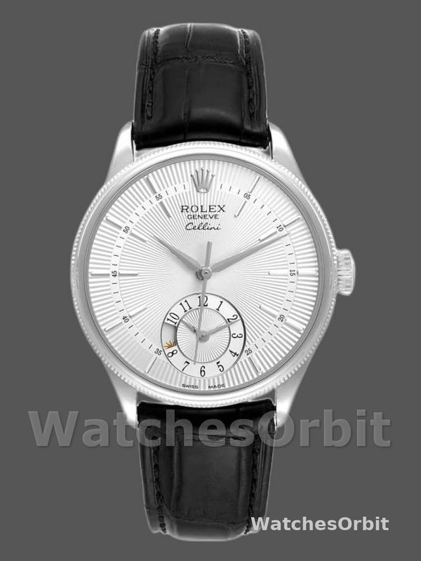 Rolex Cellini Dual Time 50529 Silver Sunburst Dial Black Leather Strap 39mm Mens Replica Watch