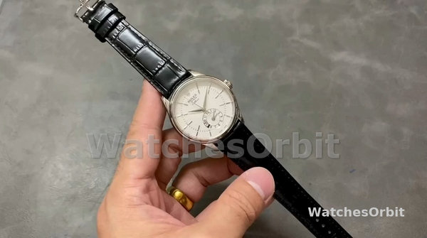 Replique Hommes Rolex Cellini Dual Time 39mm Hommes-50529-Cadran Silver Sunburst-Bracelet cuir noir Argenté