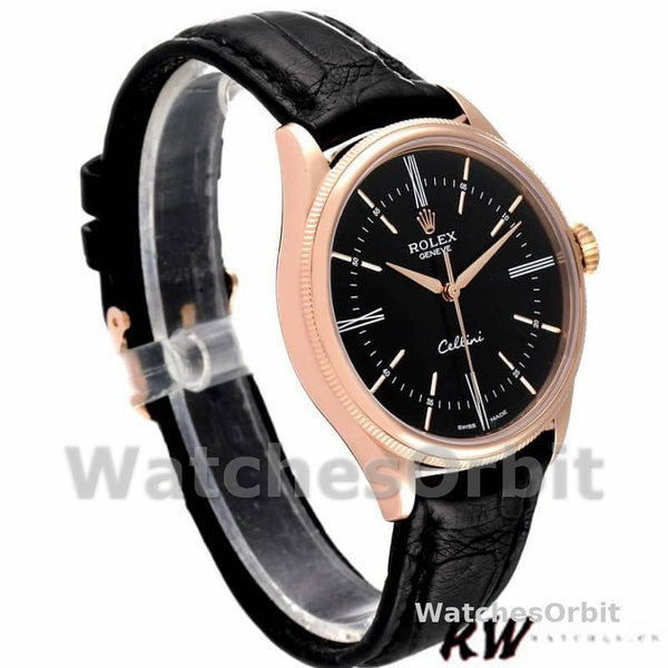Replica Rolex Cellini Time 39mm Heren-50505-Zwarte Lederen Band-Zwarte Wijzerplaat Zwart