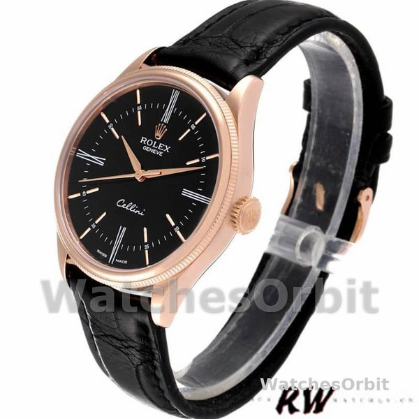 Replica Rolex Cellini Time 39mm Heren-50505-Zwarte Lederen Band-Zwarte Wijzerplaat Zwart