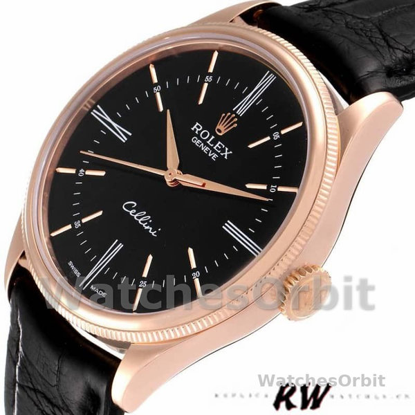 Replica Rolex Cellini Time 39mm Heren-50505-Zwarte Lederen Band-Zwarte Wijzerplaat Zwart