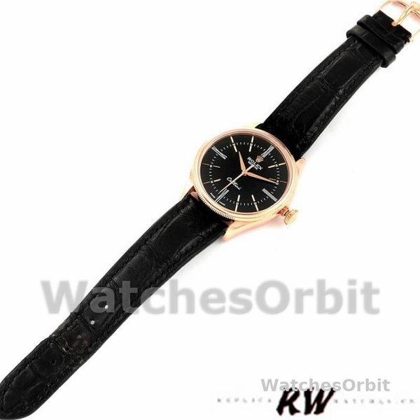 Replica Rolex Cellini Time 39mm Heren-50505-Zwarte Lederen Band-Zwarte Wijzerplaat Zwart