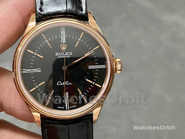 Replica Rolex Cellini Time 39mm Heren-50505-Zwarte Lederen Band-Zwarte Wijzerplaat Zwart