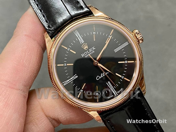 Replica Rolex Cellini Time 39mm Heren-50505-Zwarte Lederen Band-Zwarte Wijzerplaat Zwart