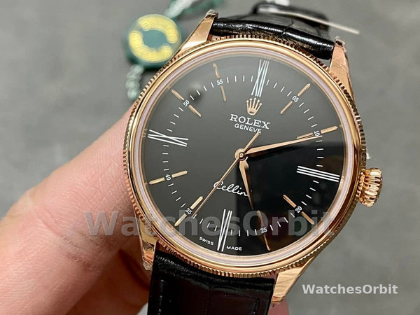 Replica Rolex Cellini Time 39mm Heren-50505-Zwarte Lederen Band-Zwarte Wijzerplaat Zwart