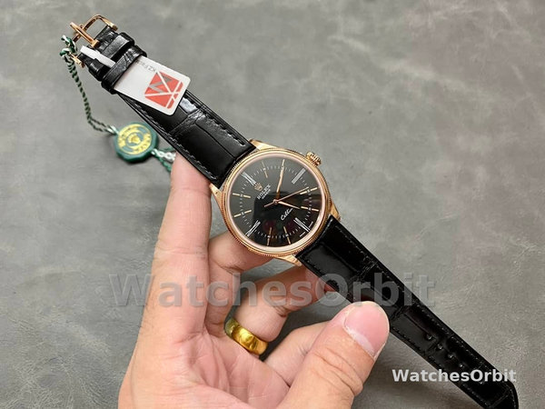Replica Rolex Cellini Time 39mm Heren-50505-Zwarte Lederen Band-Zwarte Wijzerplaat Zwart