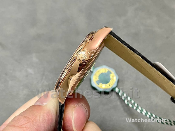 Replica Rolex Cellini Time 39mm Heren-50505-Zwarte Lederen Band-Zwarte Wijzerplaat Zwart