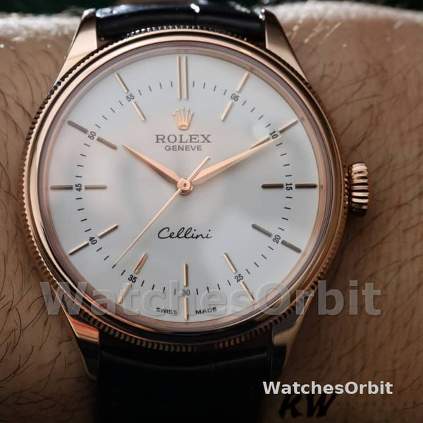 Men's Rolex Cellini Time 39mm Men's-50505-Black Leather Strap-White Dial White
