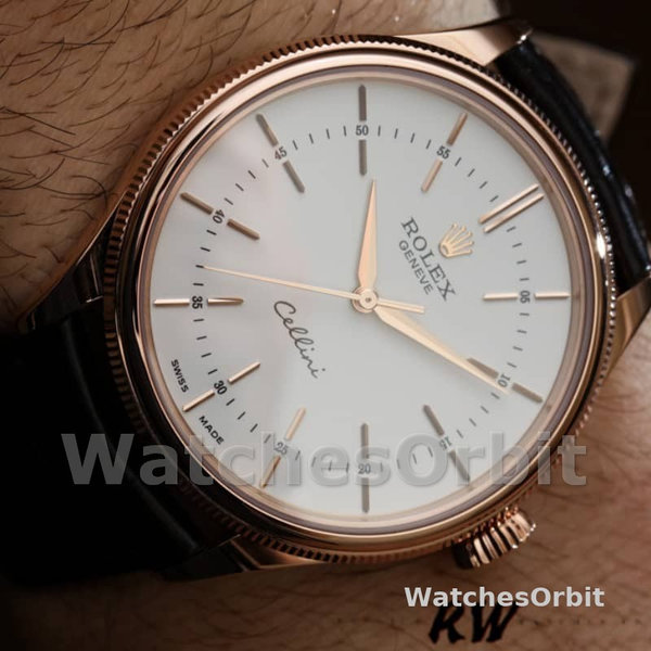 Replica Rolex Cellini Time 39mm Heren-50505-Zwarte Leren Band-Witte Wijzerplaat Wit