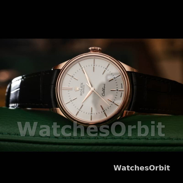 Replica Rolex Cellini Time 39mm Heren-50505-Zwarte Leren Band-Witte Wijzerplaat Wit