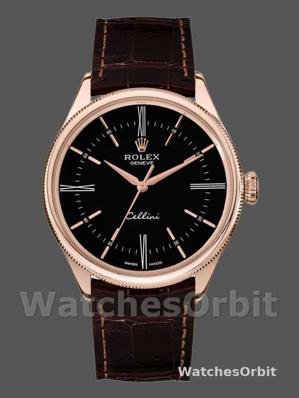 Rolex Cellini Time 50505 Brown Leather Strap Black Dial 39mm Mens Replica Watch