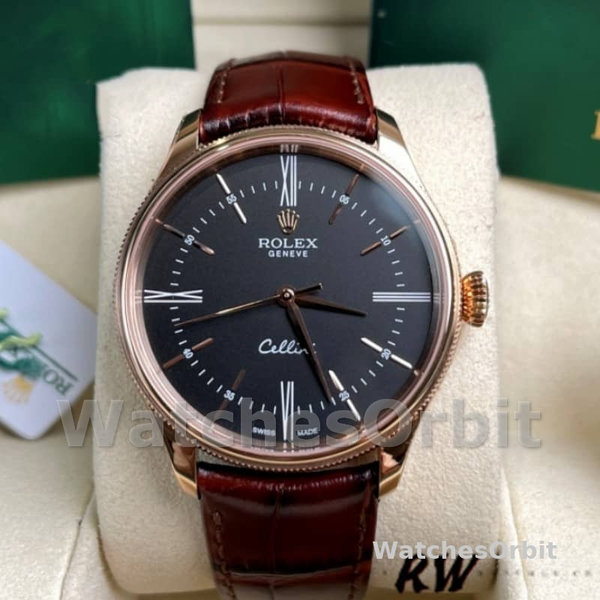 Replica Rolex Cellini Time 39mm Heren-50505-Bruin Lederen Band-Zwarte Wijzerplaat Zwart