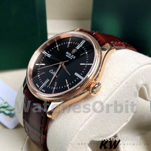 Replica Rolex Cellini Time 39mm Heren-50505-Bruin Lederen Band-Zwarte Wijzerplaat Zwart