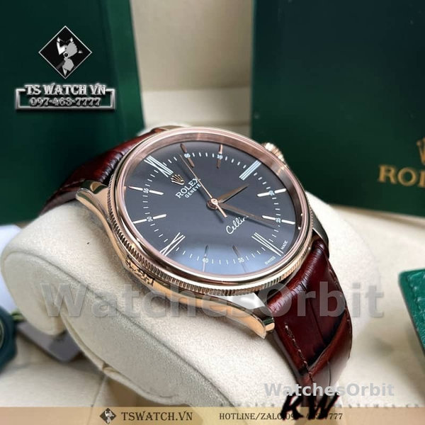 Replica Rolex Cellini Time 39mm Heren-50505-Bruin Lederen Band-Zwarte Wijzerplaat Zwart
