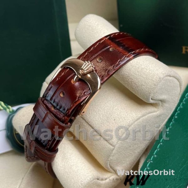 Replica Rolex Cellini Time 39mm Heren-50505-Bruin Lederen Band-Zwarte Wijzerplaat Zwart