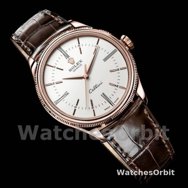 Men's Rolex Cellini Time 39mm Men's-50505-Brown Leather Strap-White Dial White
