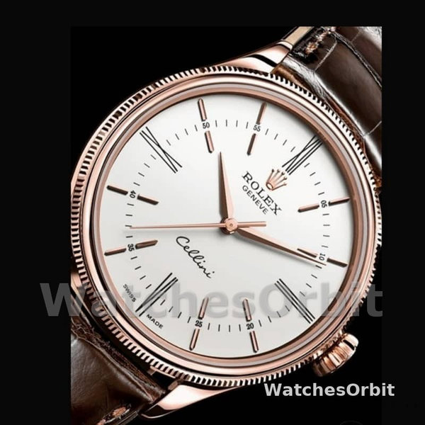 Replica Rolex Cellini Time 39mm Heren-50505-Bruin Leren Band-Witte Wijzerplaat Wit
