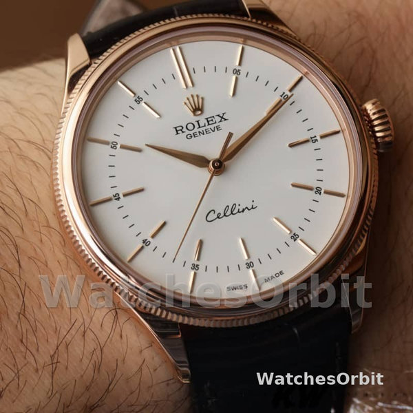 Replica Rolex Cellini Time 39mm Heren-50505-Bruin Leren Band-Witte Wijzerplaat Wit
