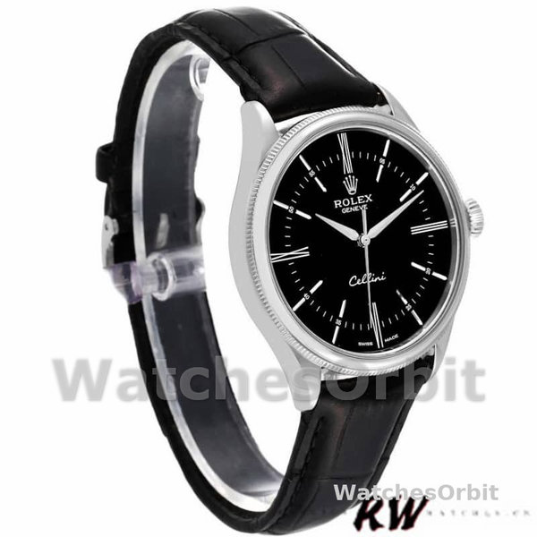 Replica Rolex Cellini Time 39mm Heren-50509-Zwarte Lederen Band-Zwarte Wijzerplaat Zwart