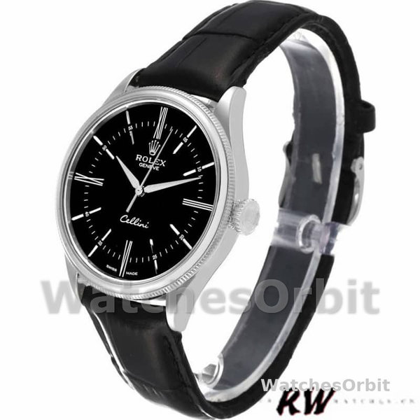 Replica Rolex Cellini Time 39mm Heren-50509-Zwarte Lederen Band-Zwarte Wijzerplaat Zwart